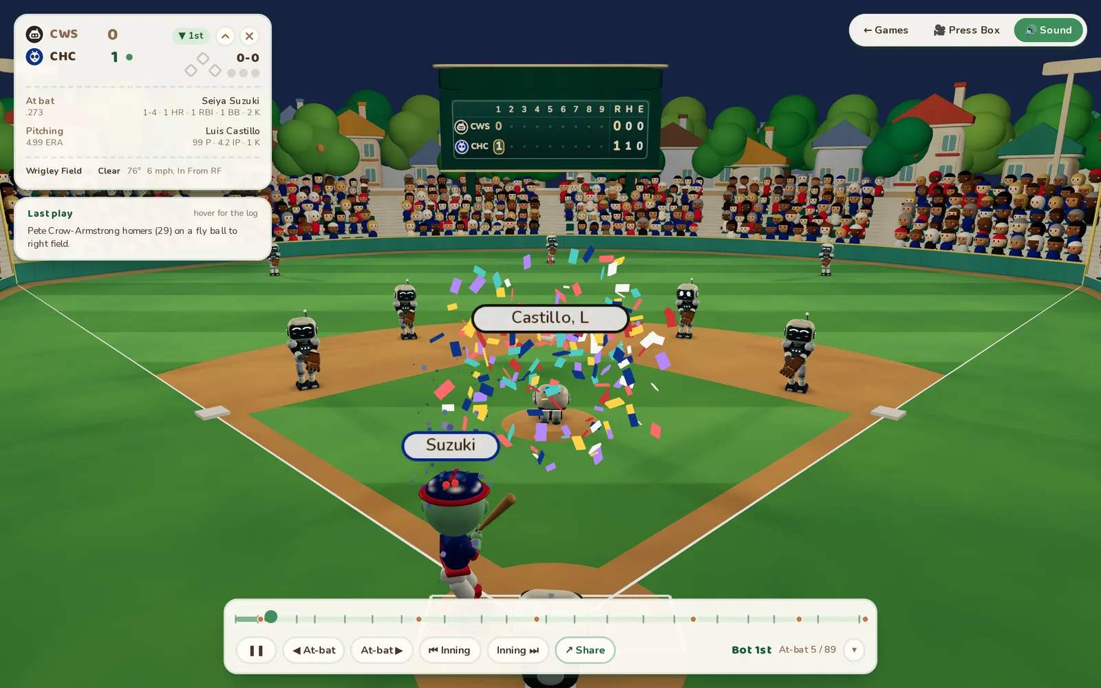The Pocket Ballpark viewer mid-game: alien Cubs and robot White Sox on a 3D field at Wrigley, confetti over the infield after a home run, with the scorebug and the line score on the board.