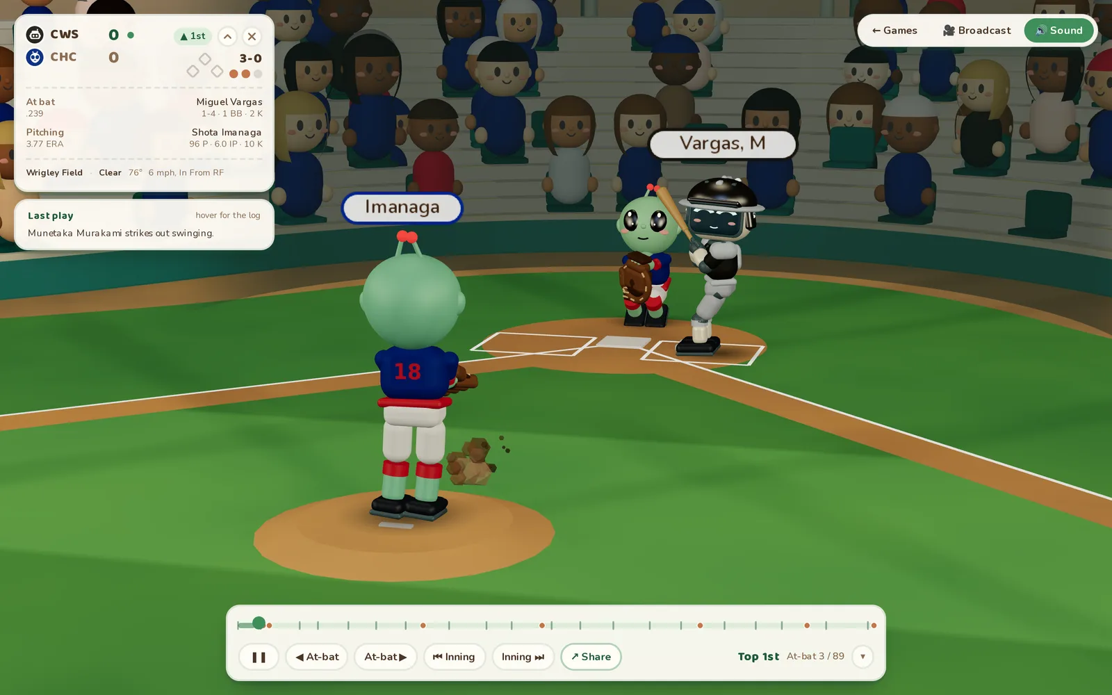 A close view of the ballpark: an alien pitcher in Cubs blue on the mound, his alien catcher behind the plate with the mitt up, and a robot hitter in White Sox grey waiting on the pitch.